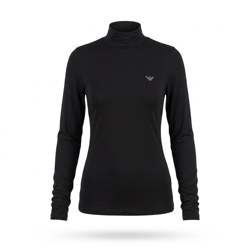 Maglia nera a collo alto con logo argentato, vista frontale ghost mannequin