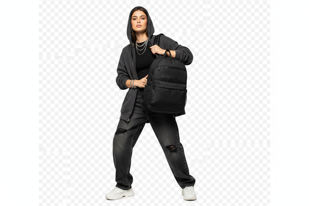 Model wearing Blauer backpack on transparent background