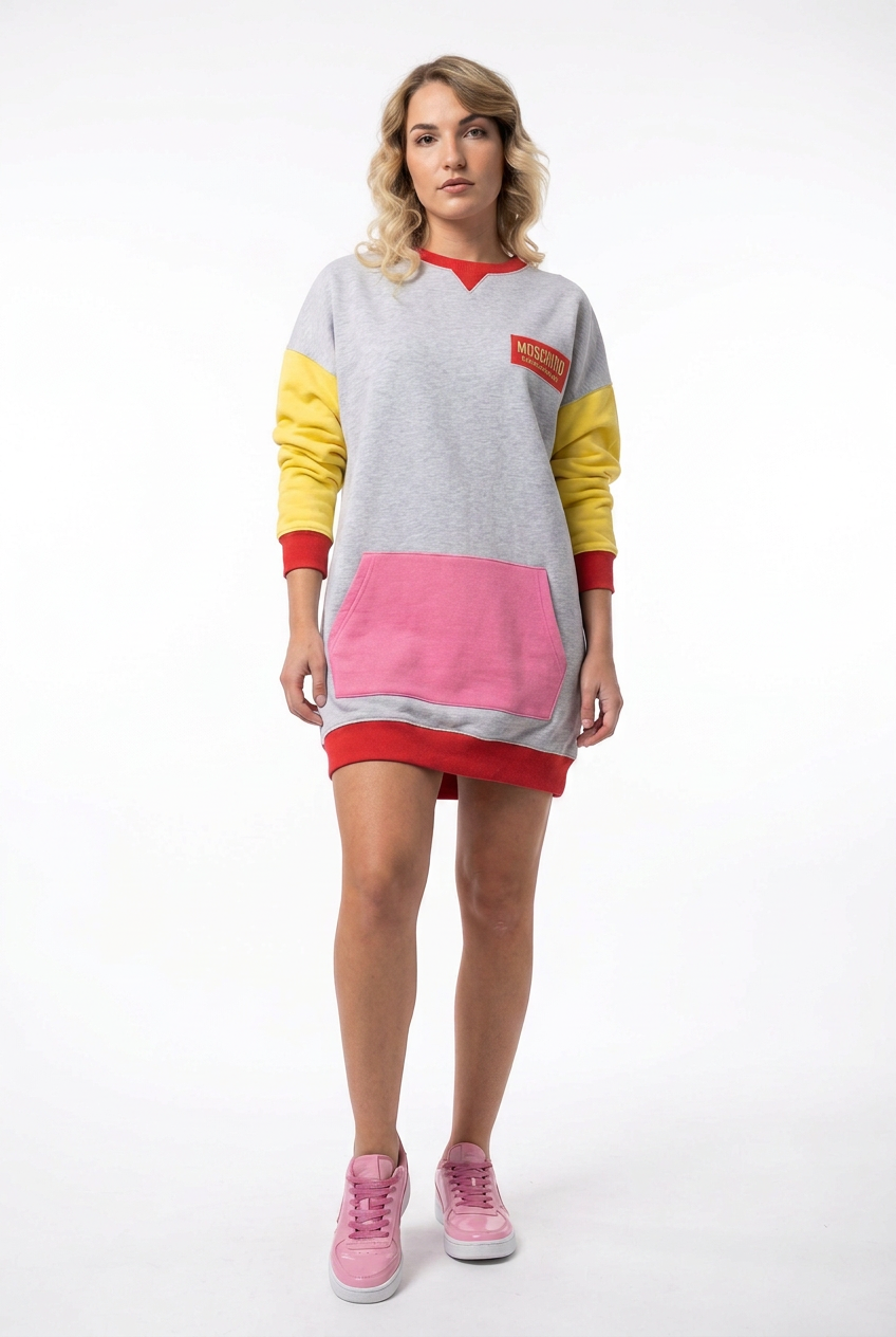 Modella con abito felpa e logo MOSCHINO UNDERWEAR sul petto