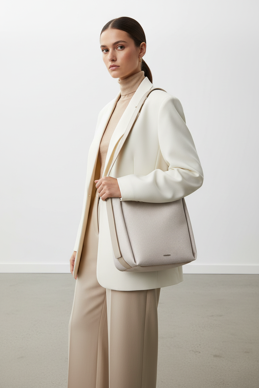 Modella con borsa Calvin Klein beige jacquard