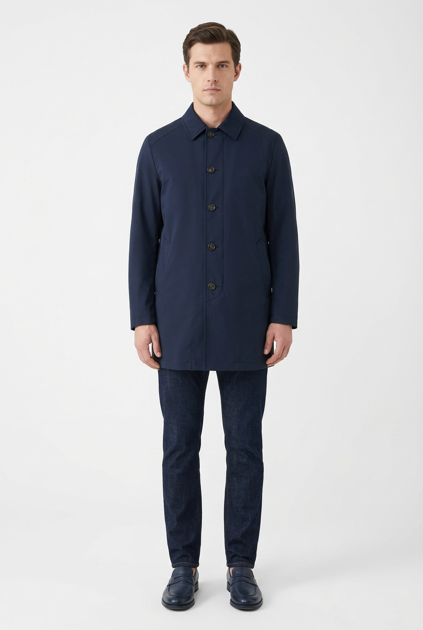 Modello con capospalla navy, jeans scuri e mocassini blu, vista anteriore
