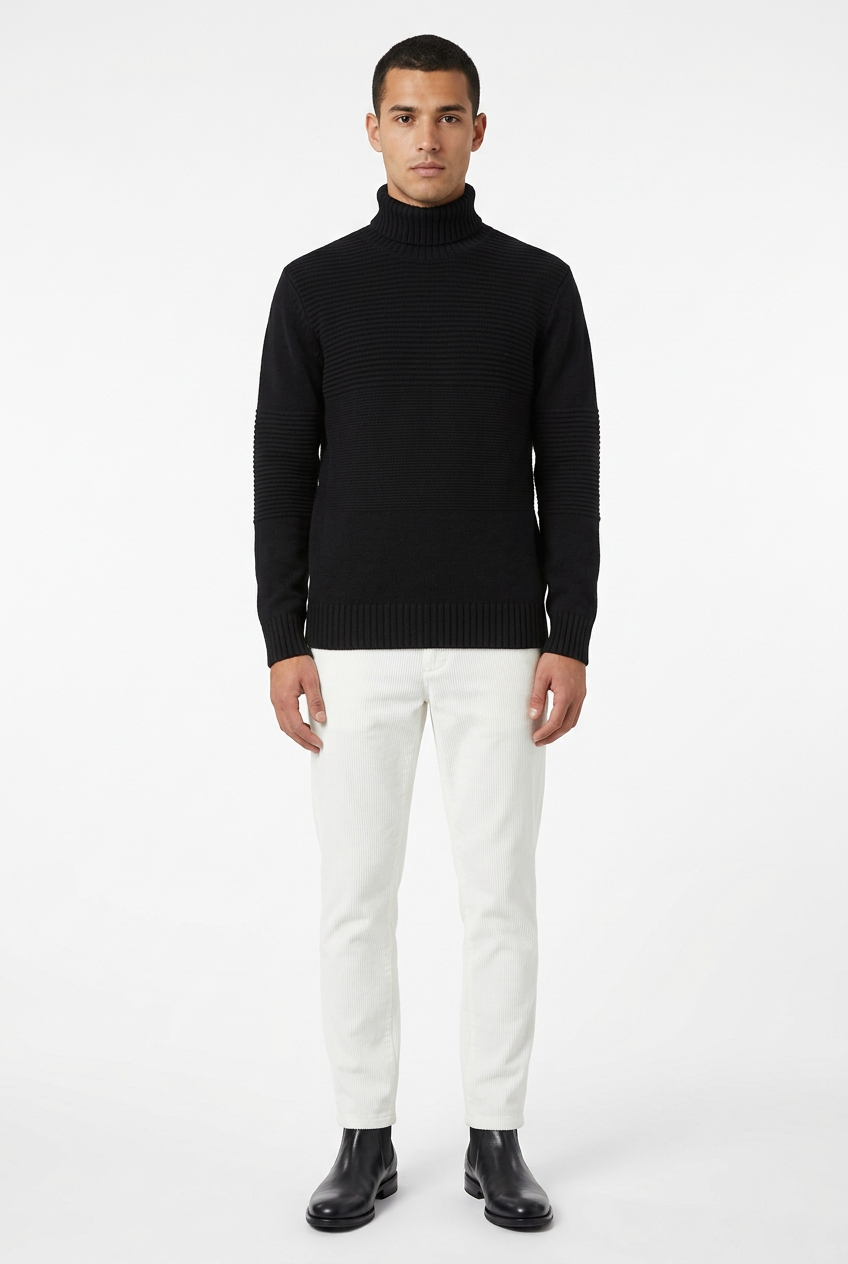 Modello con dolcevita Schott nero, pantaloni bianchi in velluto millerighe e stivaletti Beatles neri