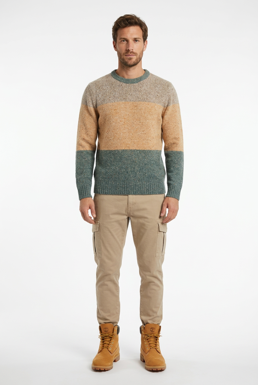 Modello con maglione IMPURE multicolore, cargo beige e scarponcini su sfondo bianco
