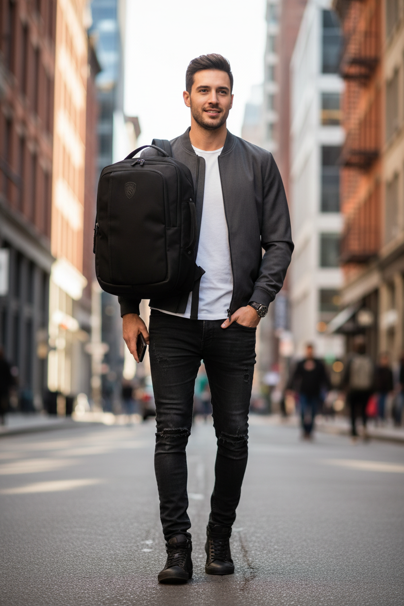 Modello uomo con zaino Blauer nero