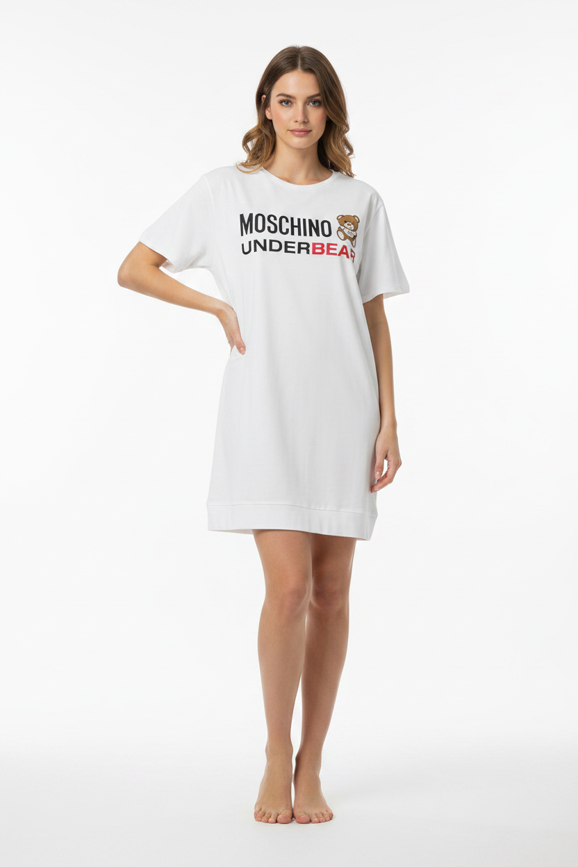 Moschino Abito Donna A1916 Teddy Underbear Bianco - Modella Figura Intera