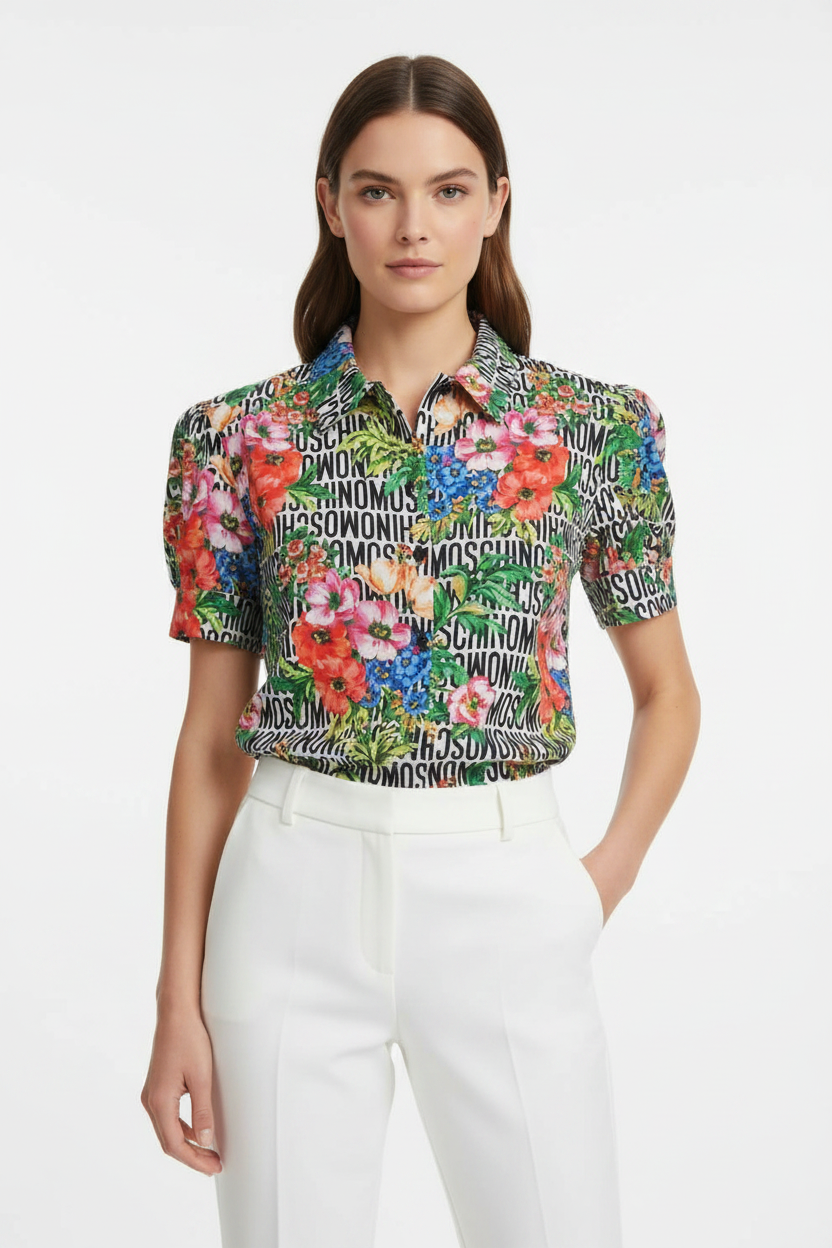 MOSCHINO Camicia Donna Floreale Lettering - Manica Corta con Pieghette Sfondo Bianco