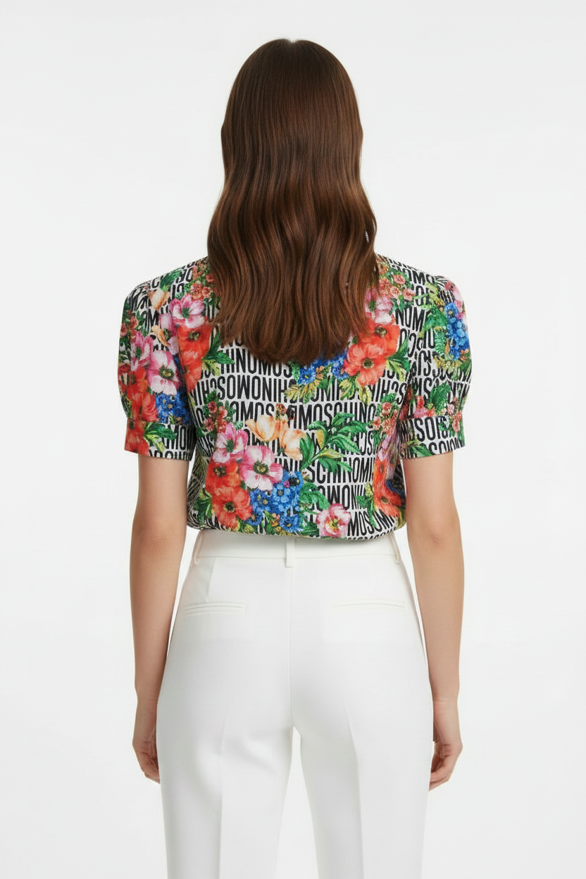 MOSCHINO Camicia Donna Floreale Lettering - Vista Retro Sfondo Bianco