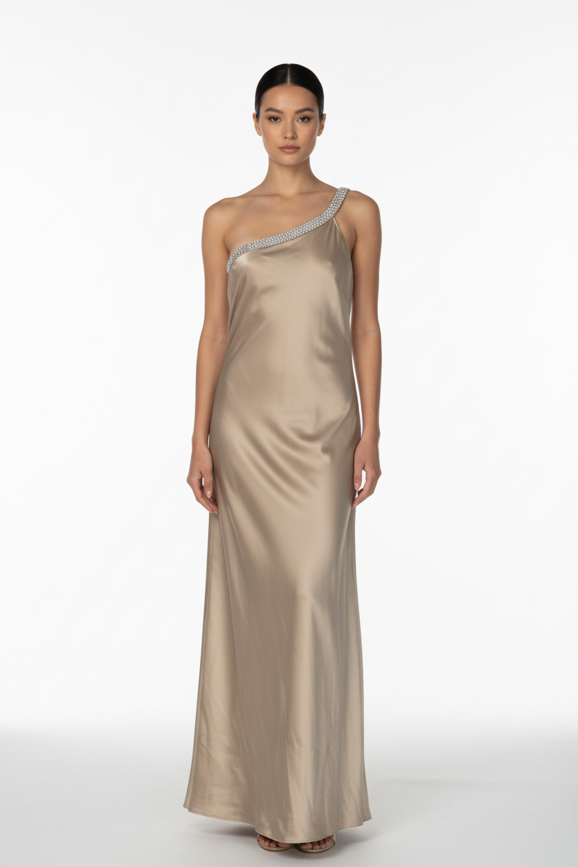 Nosecrets Abito diamantini lungo monospalla in raso Sabbia con modella