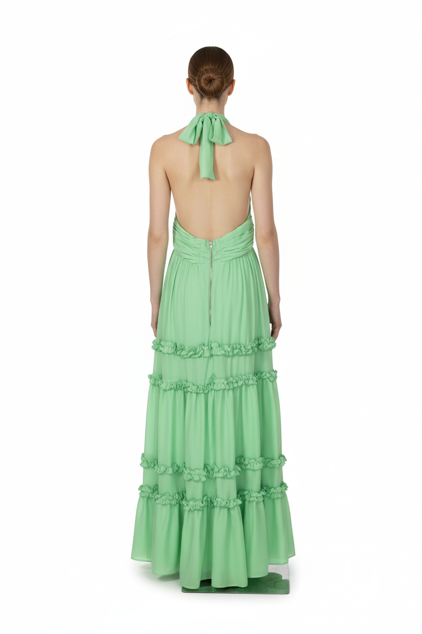 Nosecrets Abito lungo petali Verde lime - Vista retro con modella