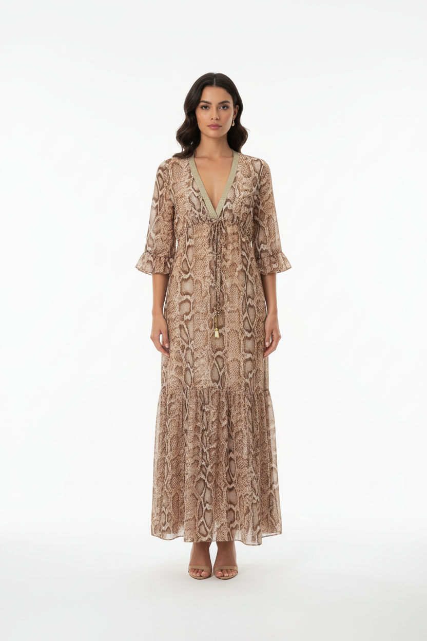 Nosecrets Abito Lungo Profilo Lurex Fantasia Pitone Beige - Modella
