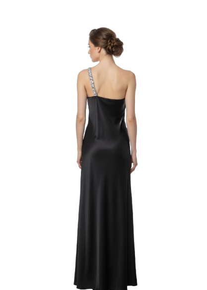 Nosecrets Abito Lungo Monospalla in Raso con Diamantini  Nero
