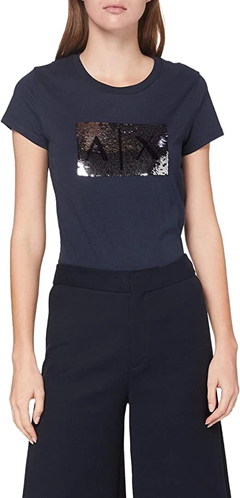 Armani Exchange 8NYTDLYJ73Z T-shirt Donna con Logo in paillettes Navy Blue