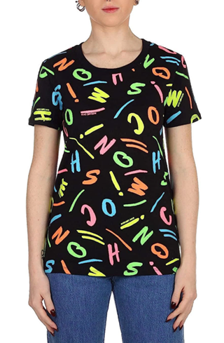 Moschino T-Shirt Nero A1918 Donna con Stampe FLUO Lettering Multicolor