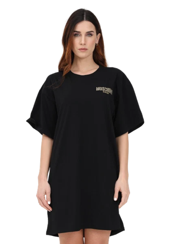 Moschino Abito Corto Over Nero da Donna con Stampa Logo Strass