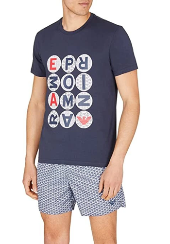 Emporio Armani T-Shirt Uomo Blu con Micropattern