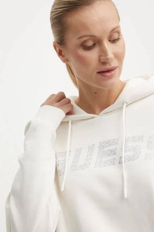Guess Felpa Cecilia Donna con Cappuccio, V4BQ25 KC3D2 - Bianco Latte