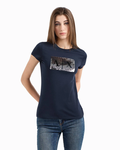 Armani Exchange 8NYTDLYJ73Z T-shirt Donna con Logo in paillettes Navy Blue