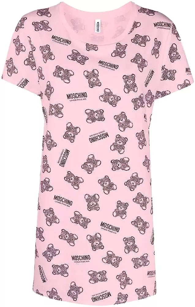 Moschino Abito a T-Shirt Underwear Rosa con Teddy Bear All Over