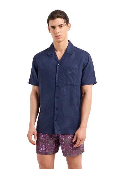 Emporio Armani – Camicia Uomo a Maniche Corte in Misto Lino Navy Blue