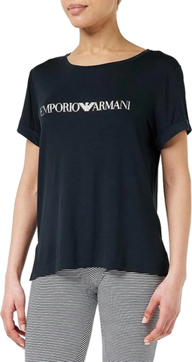 Emporio Armani T-Shirt Donna in Viscosa Jersey Nero Logo Silver
