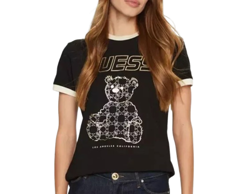 Guess T-Shirt Donna Orsetto e Logo Oro V4BI02 K8FQ4 Nero