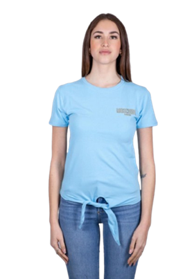 Moschino T-Shirt Donna A0711 Stampa Oro con Strass Azzurro Cielo
