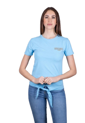 Moschino T-Shirt Donna A0711 Stampa Oro con Strass Azzurro Cielo