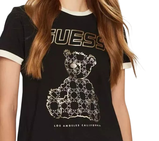 Guess T-Shirt Donna Orsetto e Logo Oro V4BI02 K8FQ4 Nero
