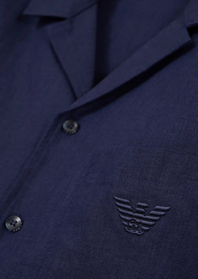 Emporio Armani – Camicia Uomo a Maniche Corte in Misto Lino Navy Blue