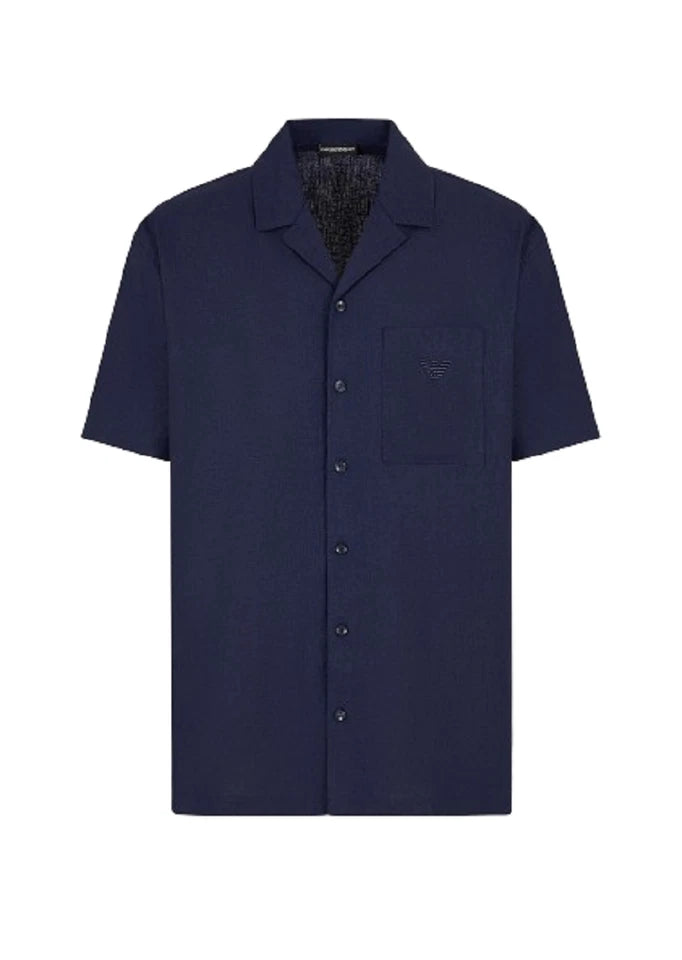 Emporio Armani – Camicia Uomo a Maniche Corte in Misto Lino Navy Blue
