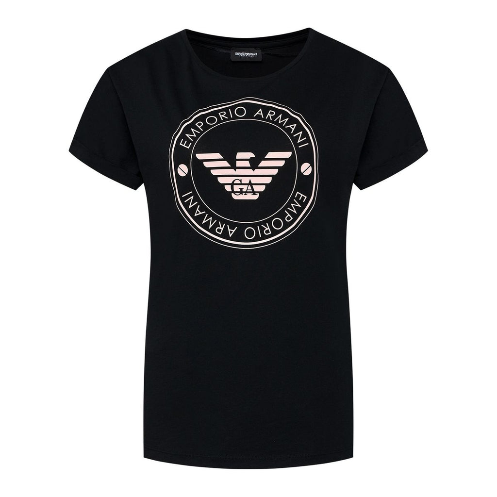 Emporio Armani T-Shirt Over Donna Eco Fiber Nero con Logo Eagle Rosa Confetto