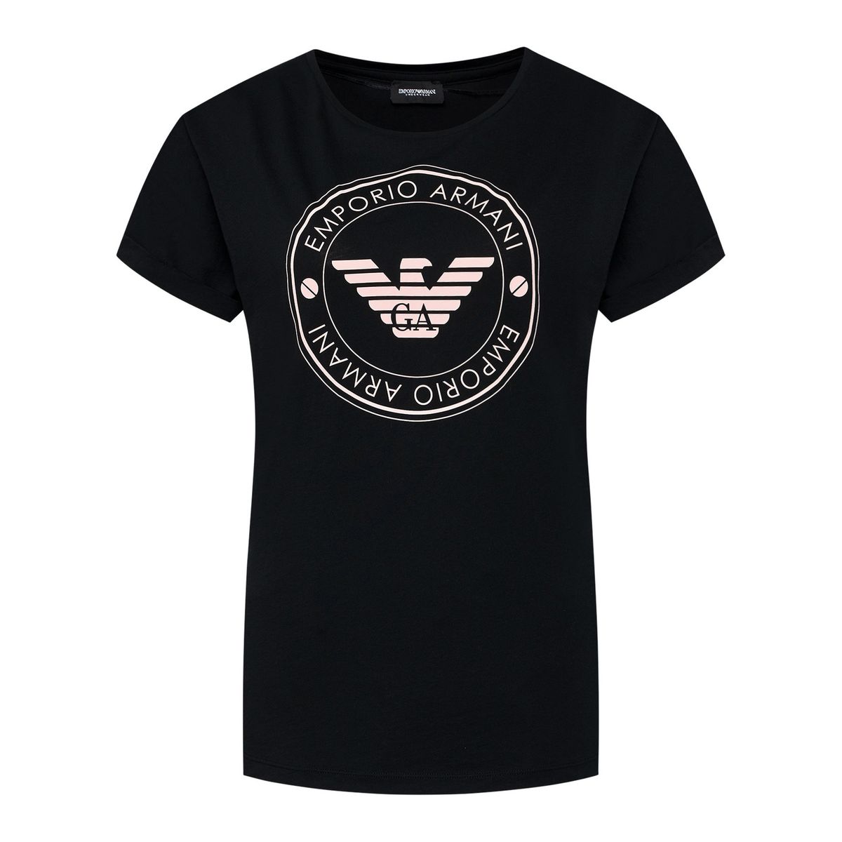 Emporio Armani T-Shirt Over Donna Eco Fiber Nero con Logo Eagle Rosa Confetto