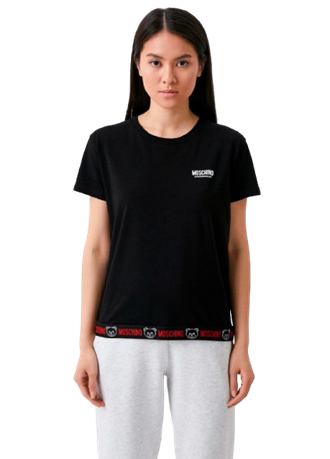 Moschino T-Shirt Nero Donna 1920-9008 Banda Elastica logata con orsetto sul Fondo