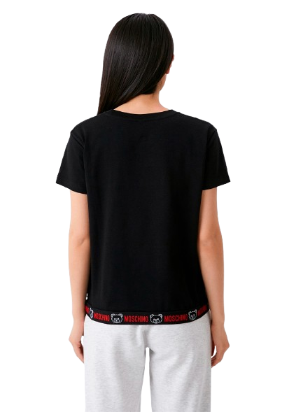 Moschino T-Shirt Nero Donna 1920-9008 Banda Elastica logata con orsetto sul Fondo